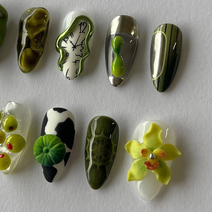 Green Art Press On Nails Handmade Abstract Long Nail Set