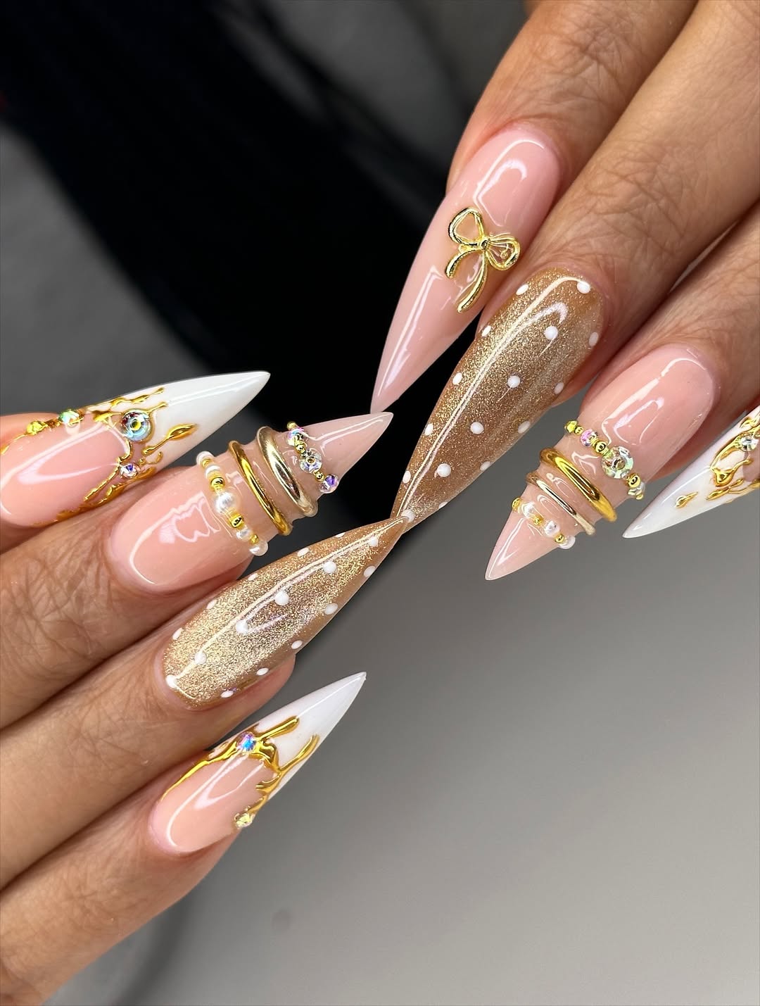Gold Bow Nude Stiletto Press On Nails Set