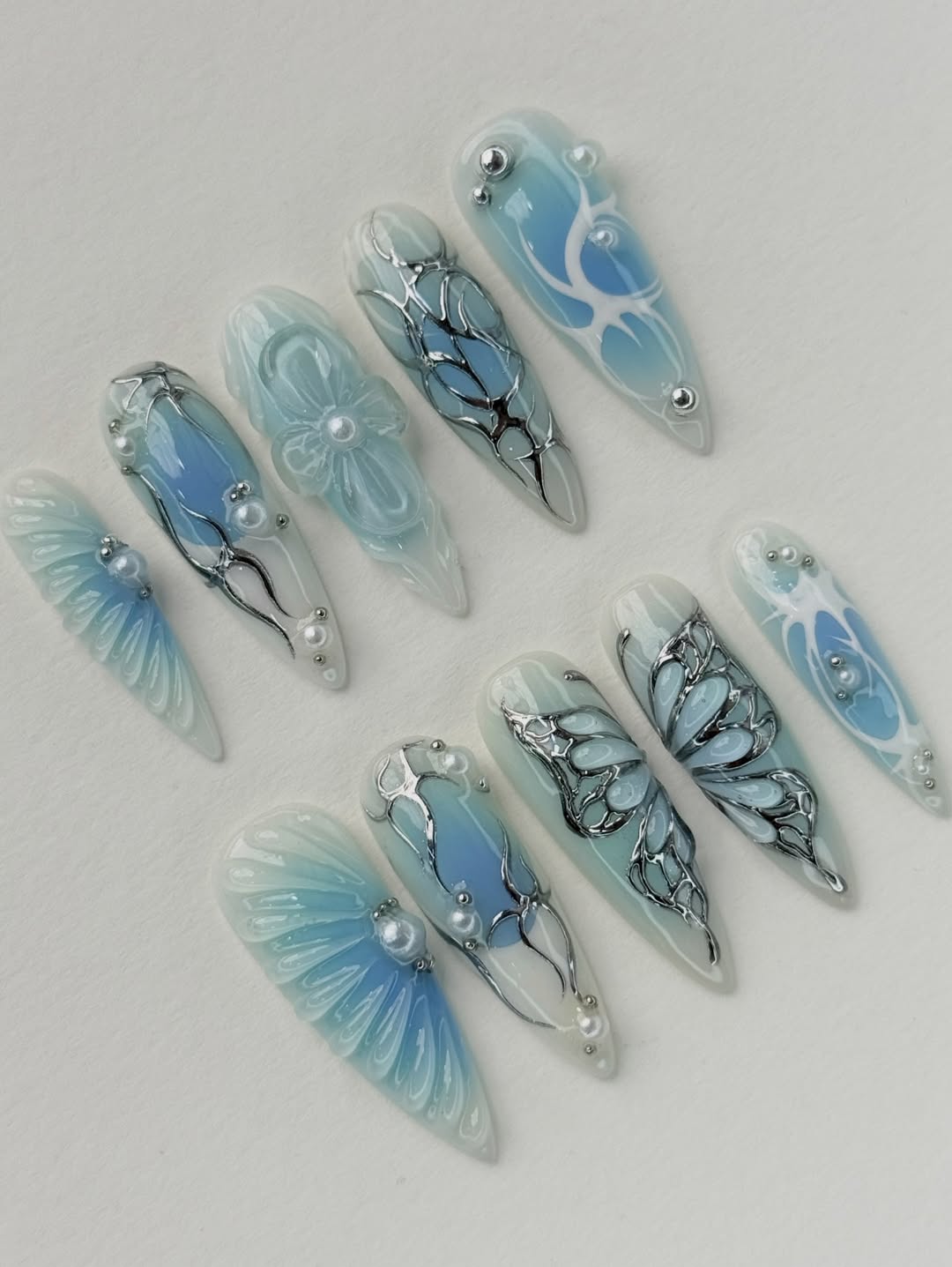 Gothic Blue Stiletto Press On Nails Silver Details