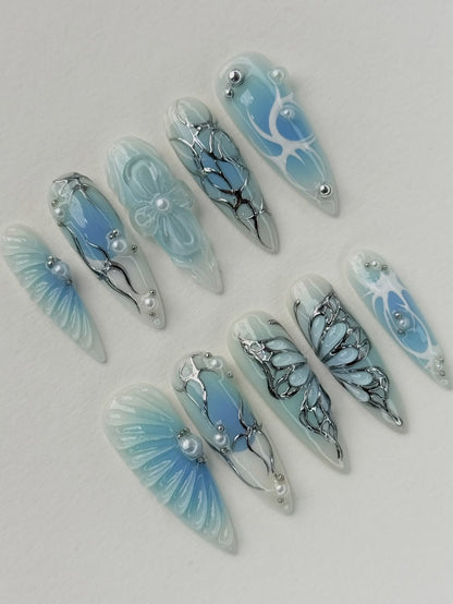 Gothic Blue Stiletto Press On Nails Silver Details