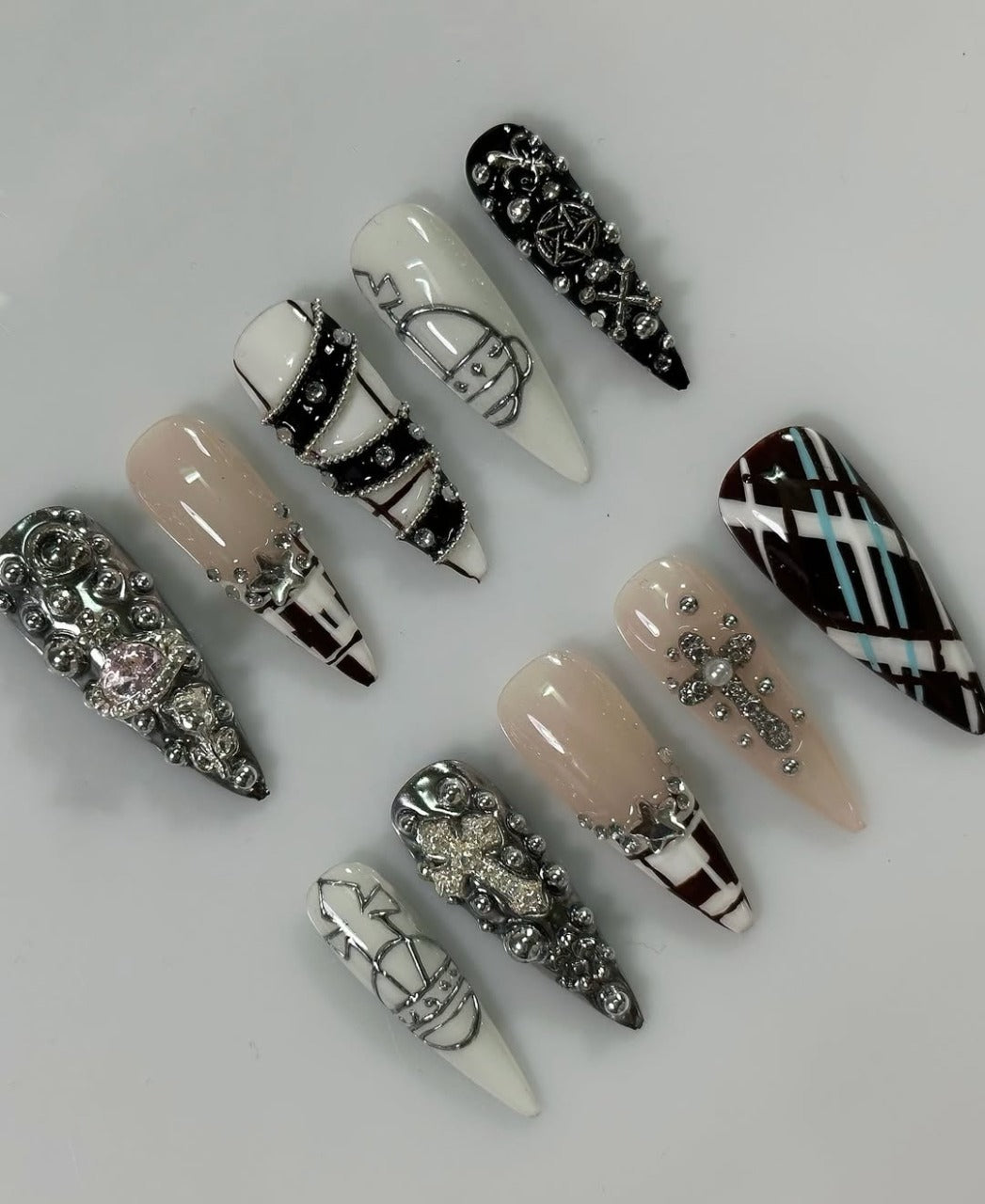 Luxury Gothic Black White Press On Nails Handmade 3D