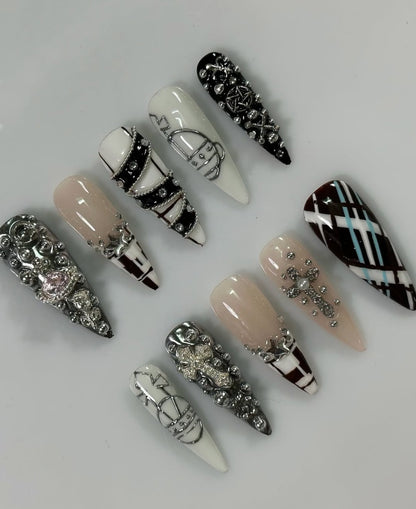 Luxury Gothic Black White Press On Nails Handmade 3D