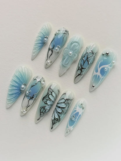 Gothic Blue Stiletto Press On Nails Silver Details