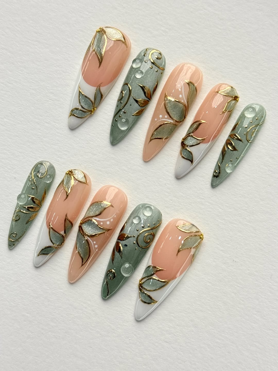 Luxury Nude Green Leaf Gold Press On Nails