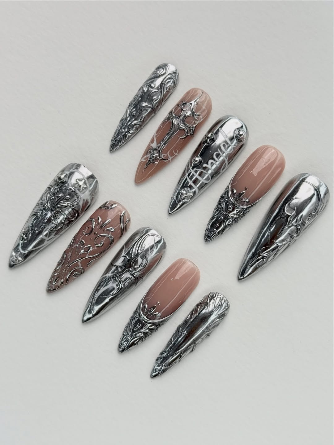 Silver Gothic Stiletto Press On Nails Floral Design