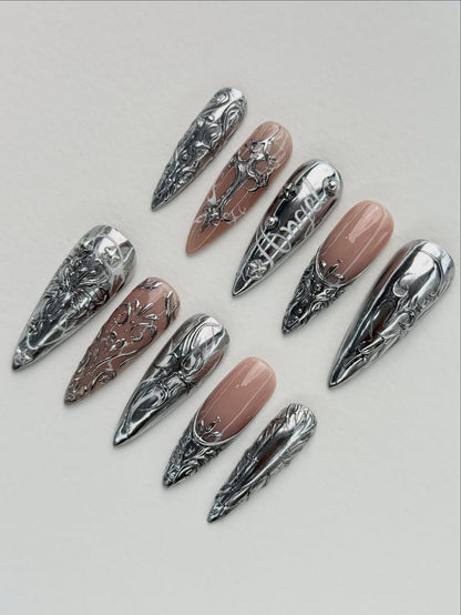 Silver Gothic Stiletto Press On Nails Floral Design