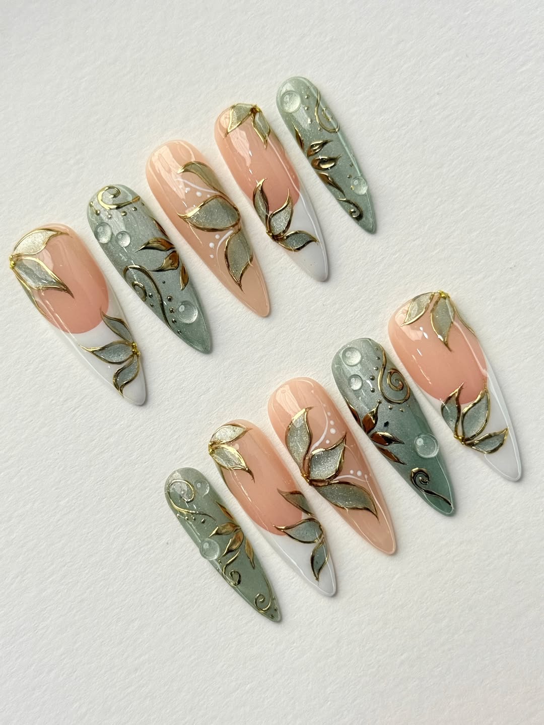 Luxury Nude Green Leaf Gold Press On Nails