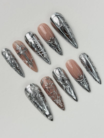 Silver Gothic Stiletto Press On Nails Floral Design