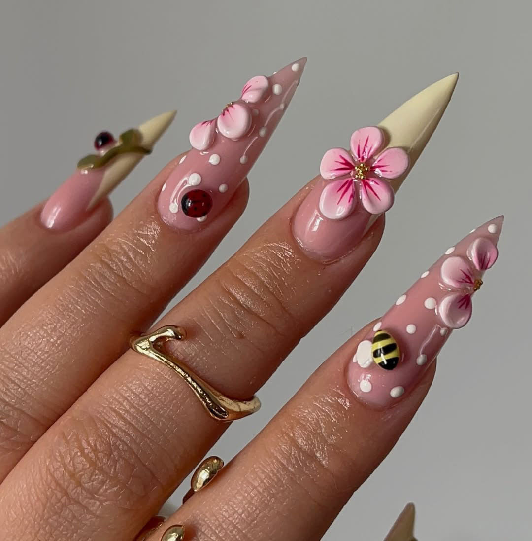 Pink Blossom Ladybug Stiletto Press On Nails Set