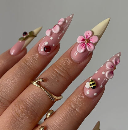 Pink Blossom Ladybug Stiletto Press On Nails Set