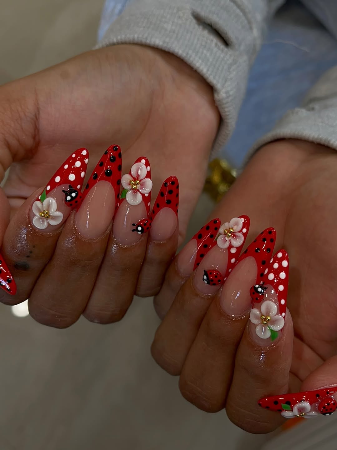Ladybug Floral Red Stiletto Press On Nails Set