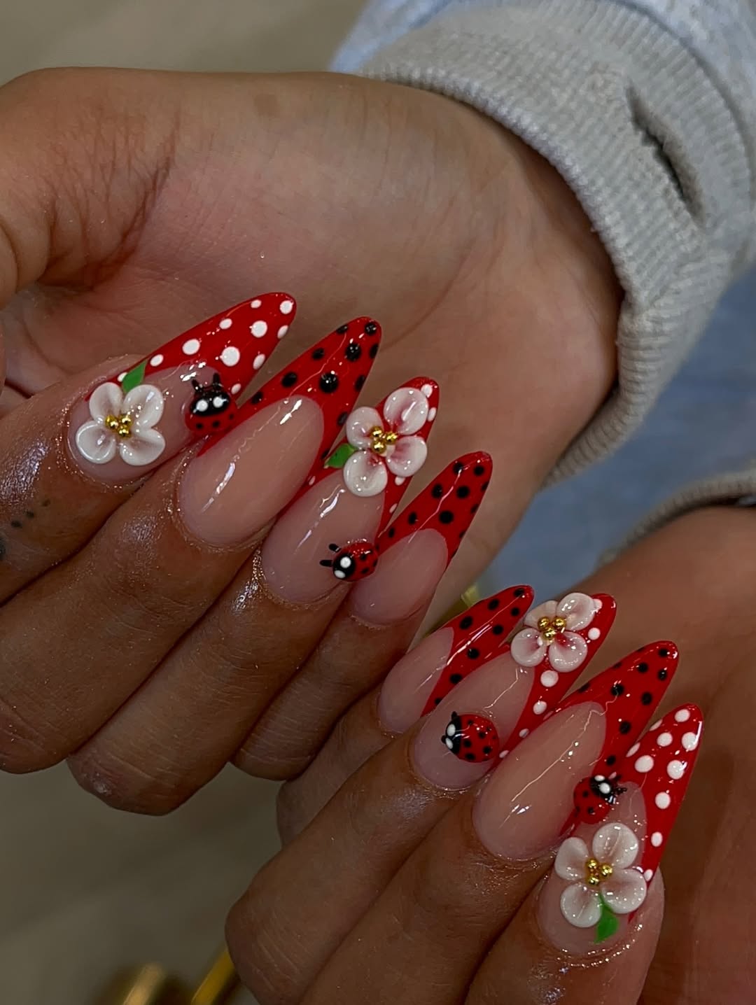Ladybug Floral Red Stiletto Press On Nails Set