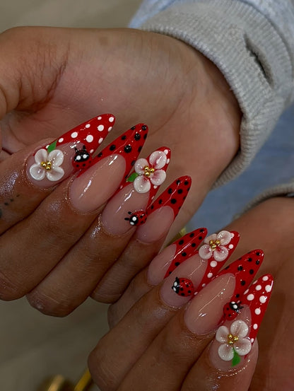 Ladybug Floral Red Stiletto Press On Nails Set