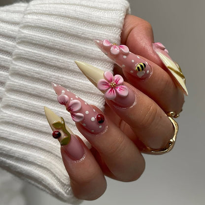 Pink Blossom Ladybug Stiletto Press On Nails Set