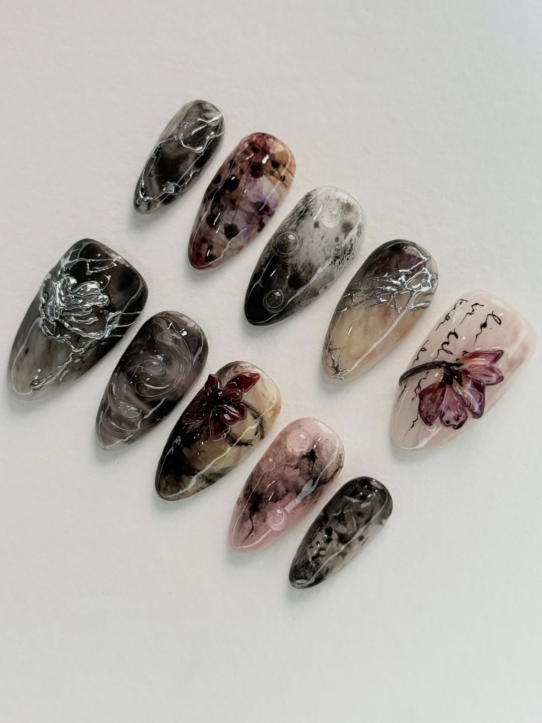 Abstract Floral Stiletto Press On Nails Artistic Design