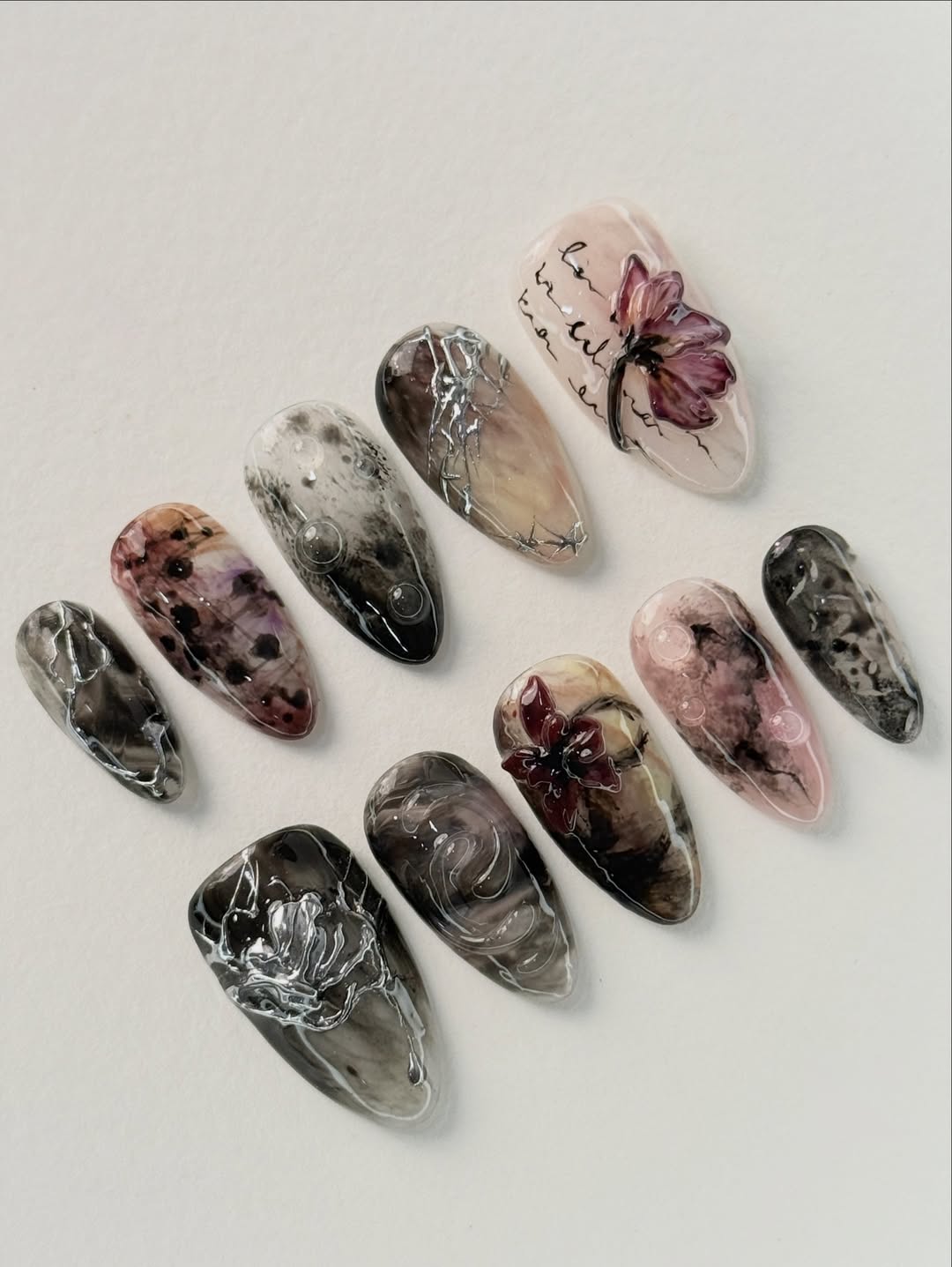 Abstract Floral Stiletto Press On Nails Artistic Design