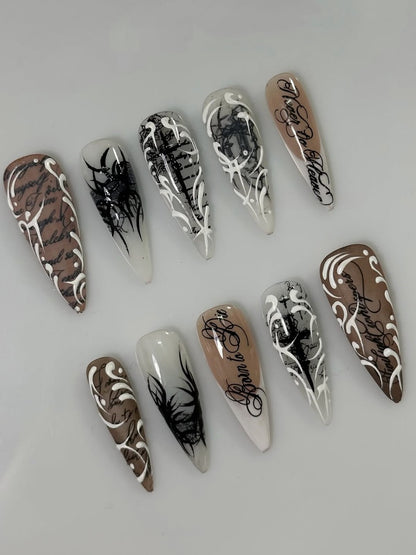 Gothic Script Stiletto Press On Nails with Floral Design