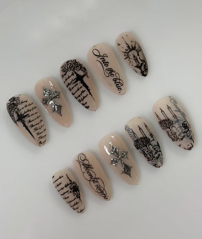 Gothic Cross Stiletto Press On Nails with Script Design