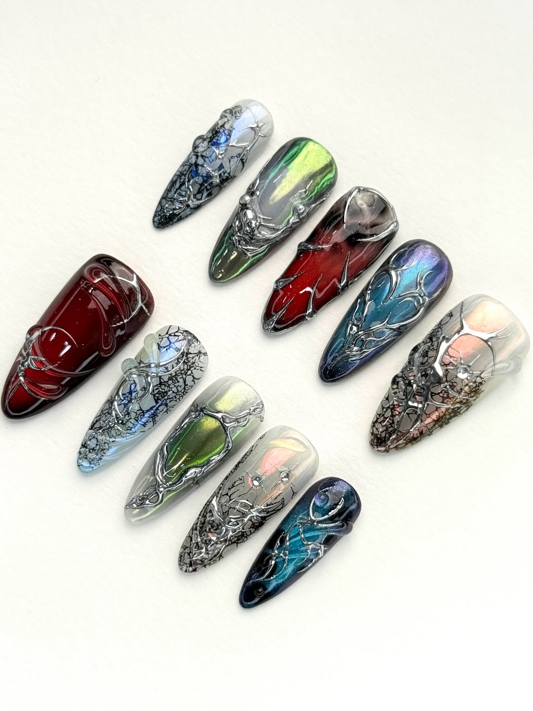 Multicolor Holographic Stiletto Press On Nails Metallic Art