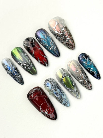 Multicolor Holographic Stiletto Press On Nails Metallic Art