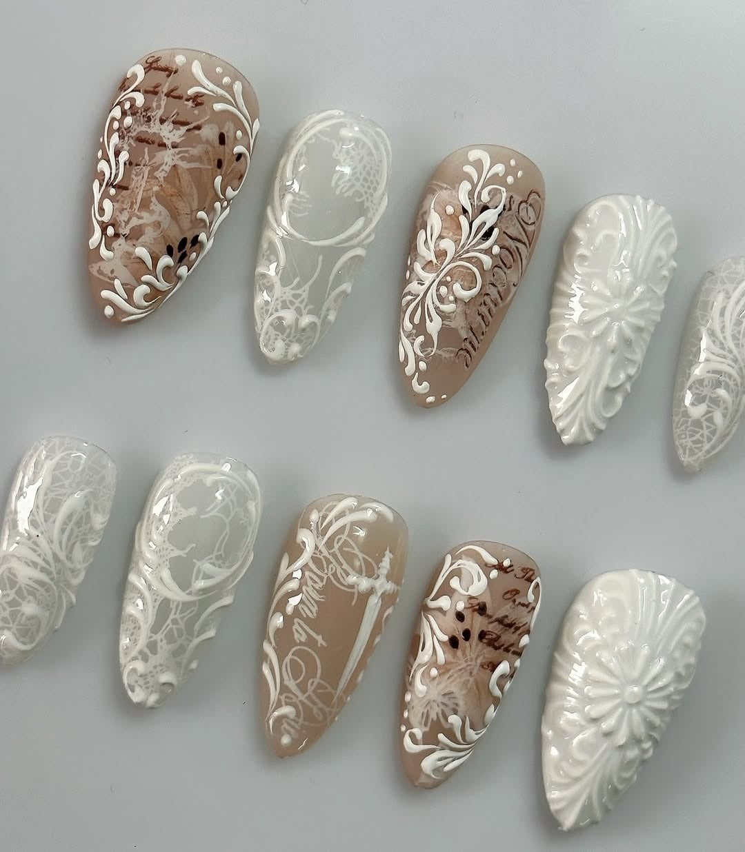 Floral Vintage Stiletto Press On Nails with Script Detailing