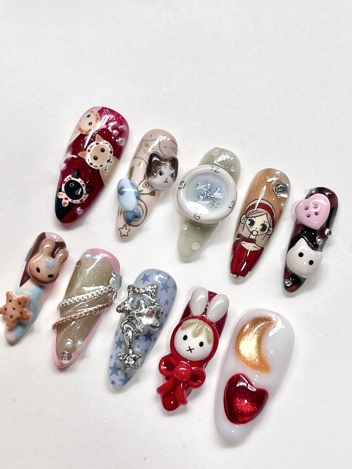Cute Storybook Press On Nails Bunny Cat Moon Art Design Set