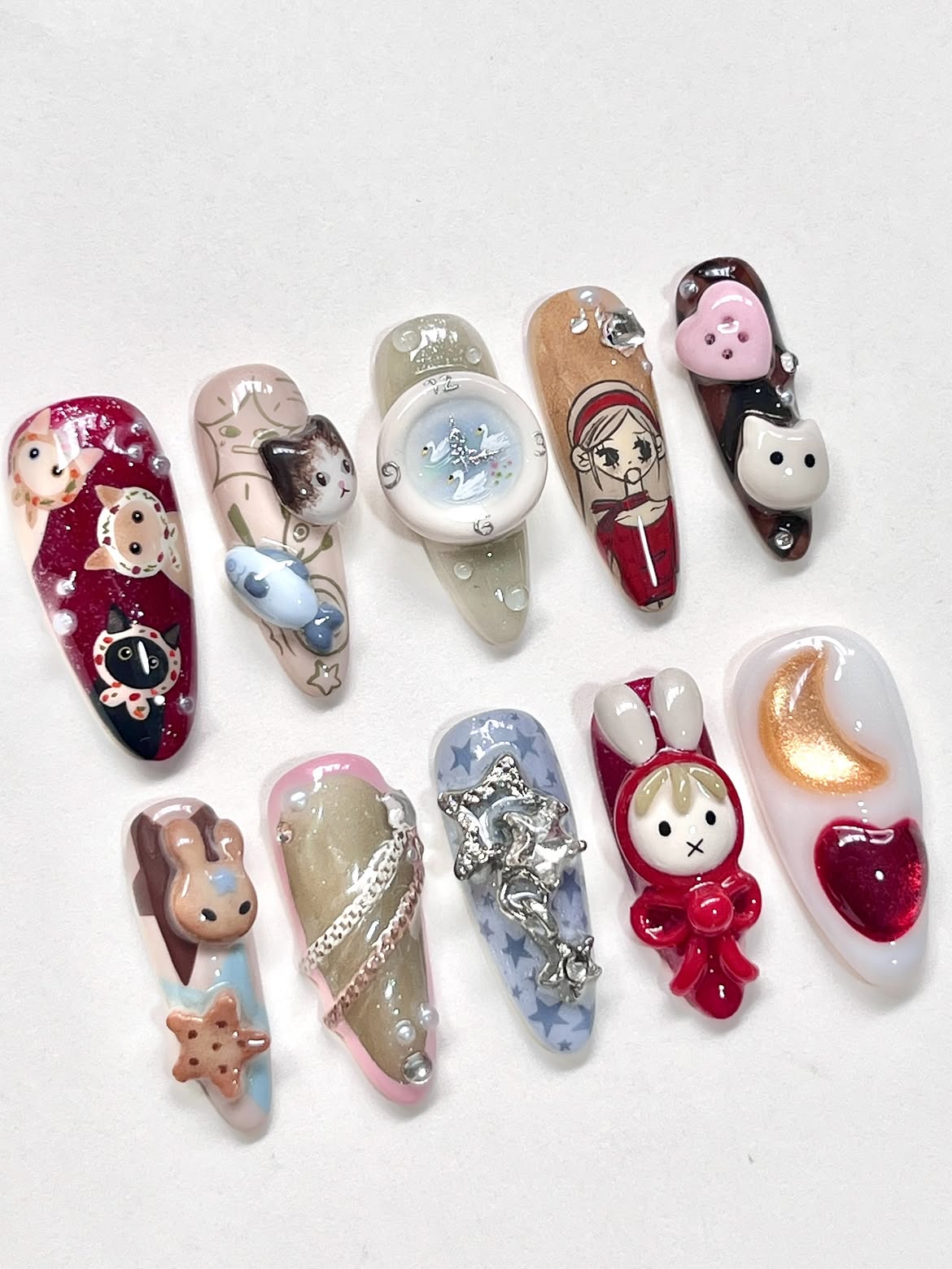 Cute Storybook Press On Nails Bunny Cat Moon Art Design Set