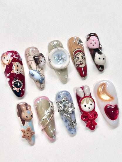 Cute Storybook Press On Nails Bunny Cat Moon Art Design Set