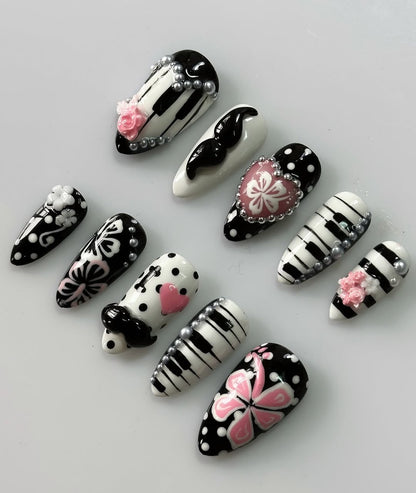 Black Pink Music Butterfly Stiletto Handmade Press On Nails