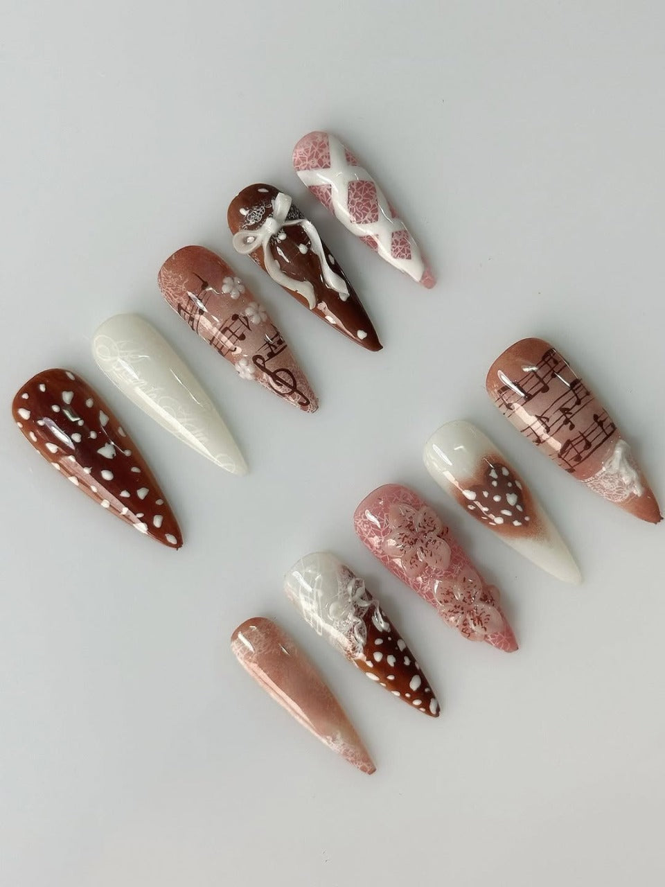 Mocha Music Floral Stiletto Handmade Press On Nails Set