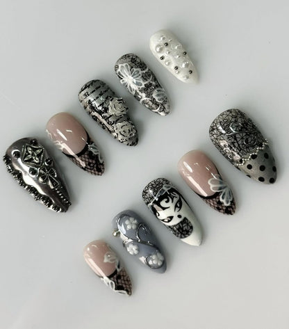 Gothic Black Silver Floral Stiletto Handmade Press On Nails