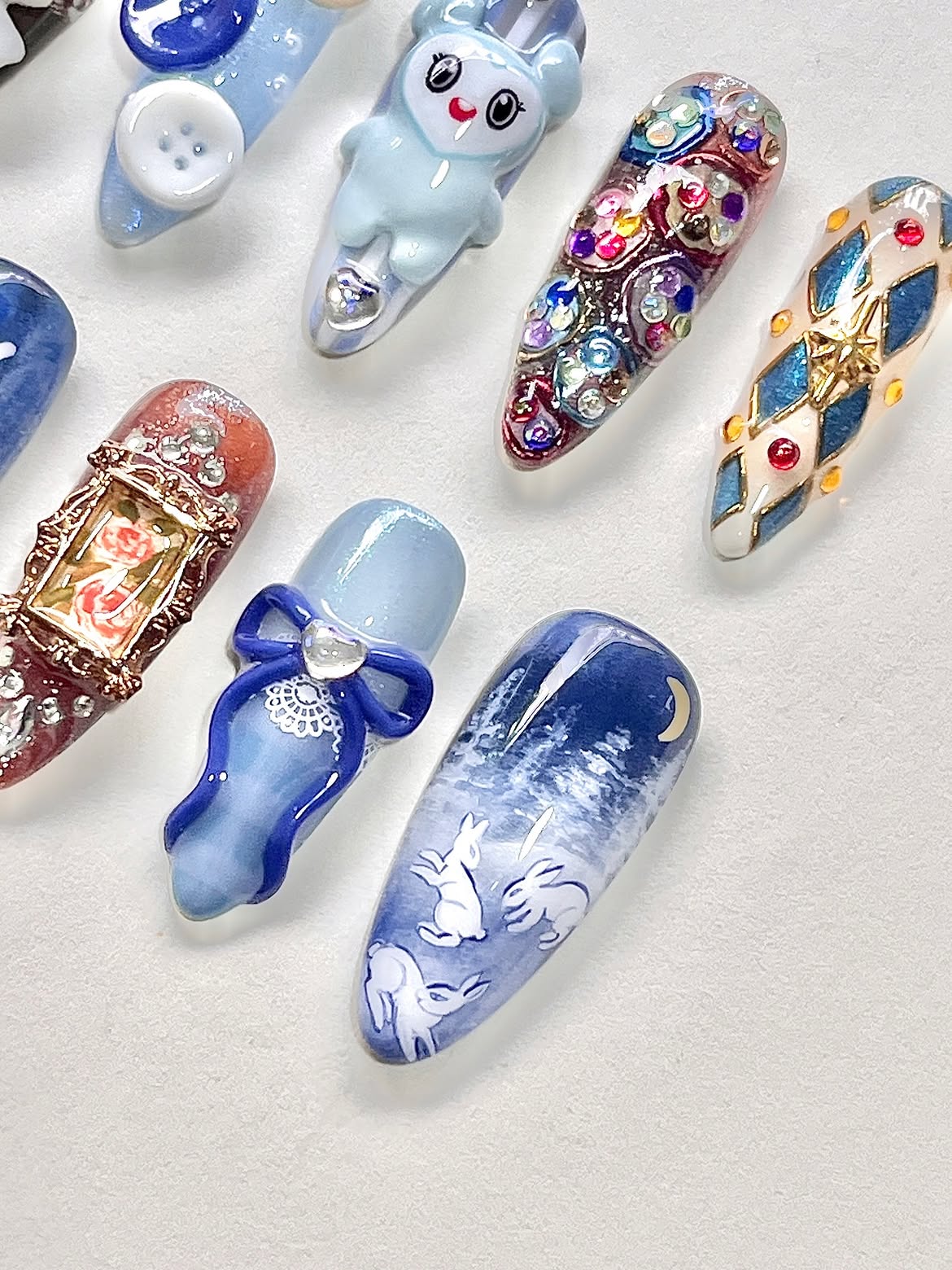 Blue Bunny Press On Nails Vintage Fairytale Bow Art Design Set