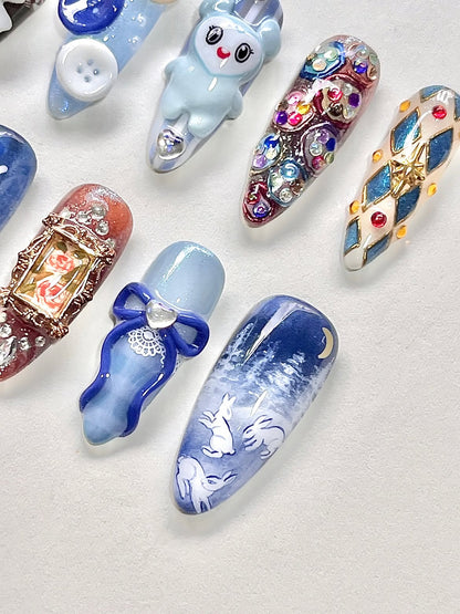 Blue Bunny Press On Nails Vintage Fairytale Bow Art Design Set