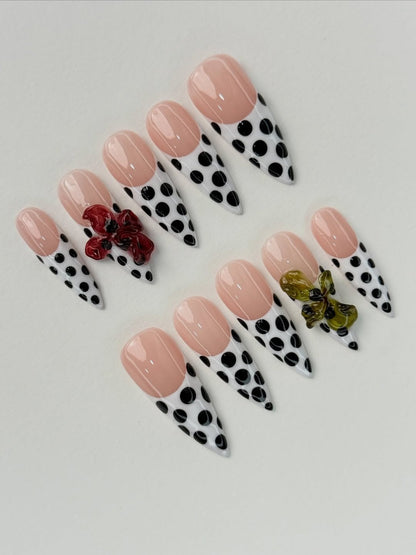 Polka Dot Floral Stiletto Handmade Press On Nails Set