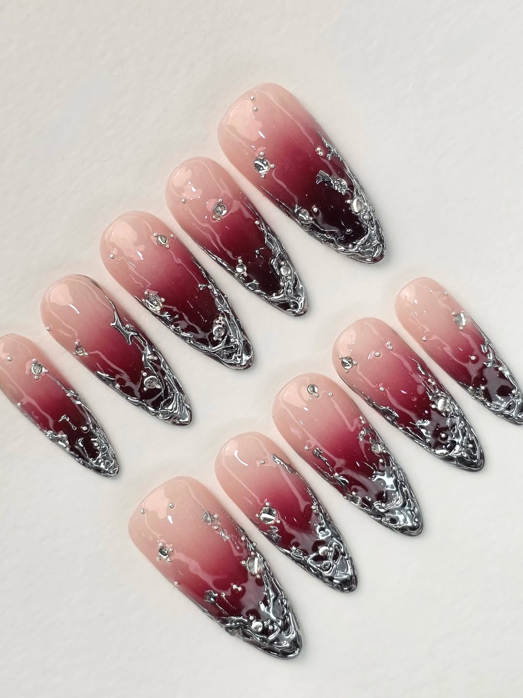 Burgundy Chrome Ombre Stiletto Handmade Press On Nails Set