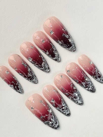 Burgundy Chrome Ombre Stiletto Handmade Press On Nails Set