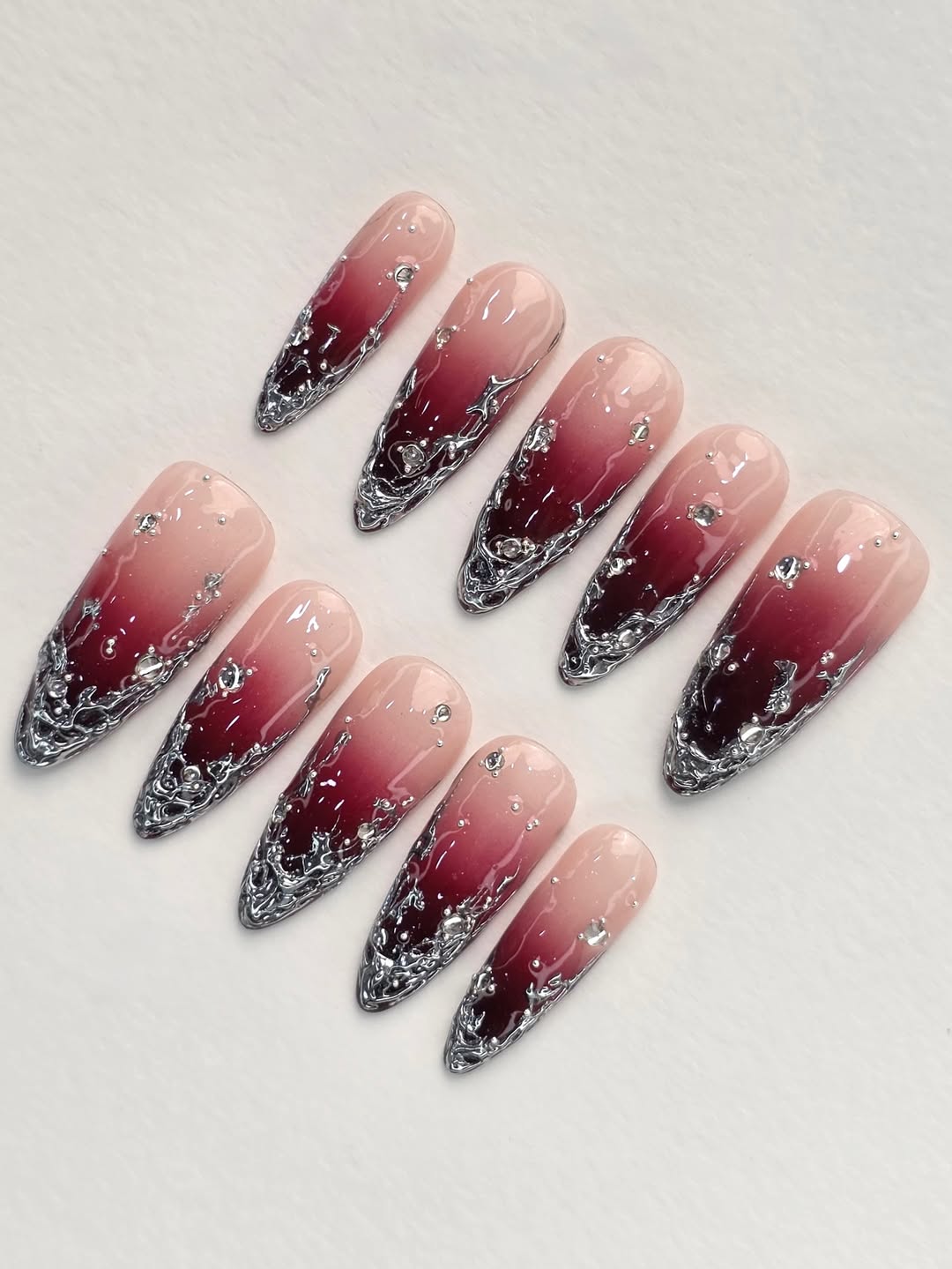 Burgundy Chrome Ombre Stiletto Handmade Press On Nails Set
