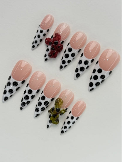 Polka Dot Floral Stiletto Handmade Press On Nails Set