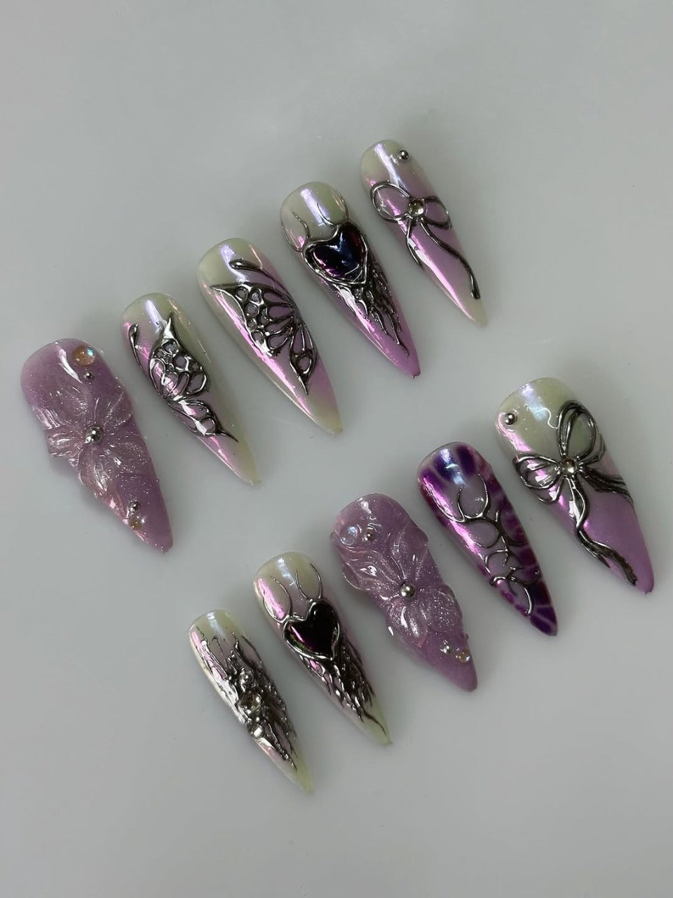 Cyber Gothic Purple Aura Butterfly Metallic Chrome Stiletto Nail Set