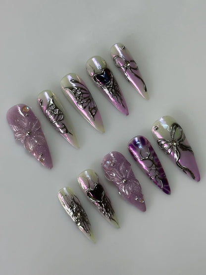 Cyber Gothic Purple Aura Butterfly Metallic Chrome Stiletto Nail Set