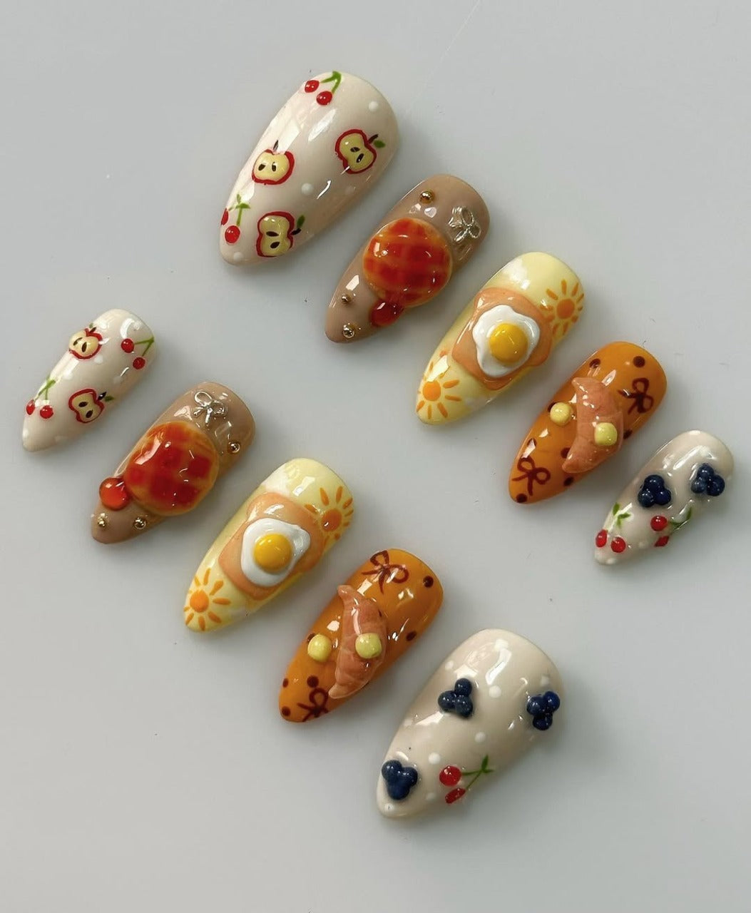 Cute Breakfast Brunch Food 3D Gel Almond Press On Nails