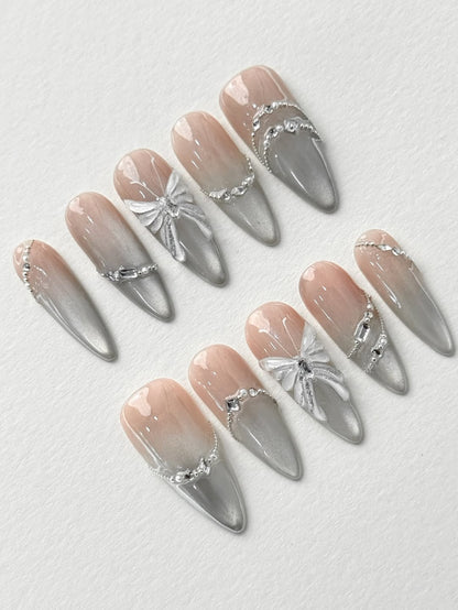 Nude Ombre Silver Jewelry Chain Rhinestone Stiletto Handmade Press On Nails