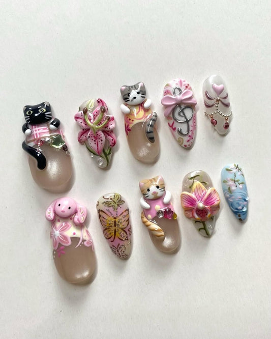3D Handmade Cat Bunny Floral Musical Ribbon Press On Nails