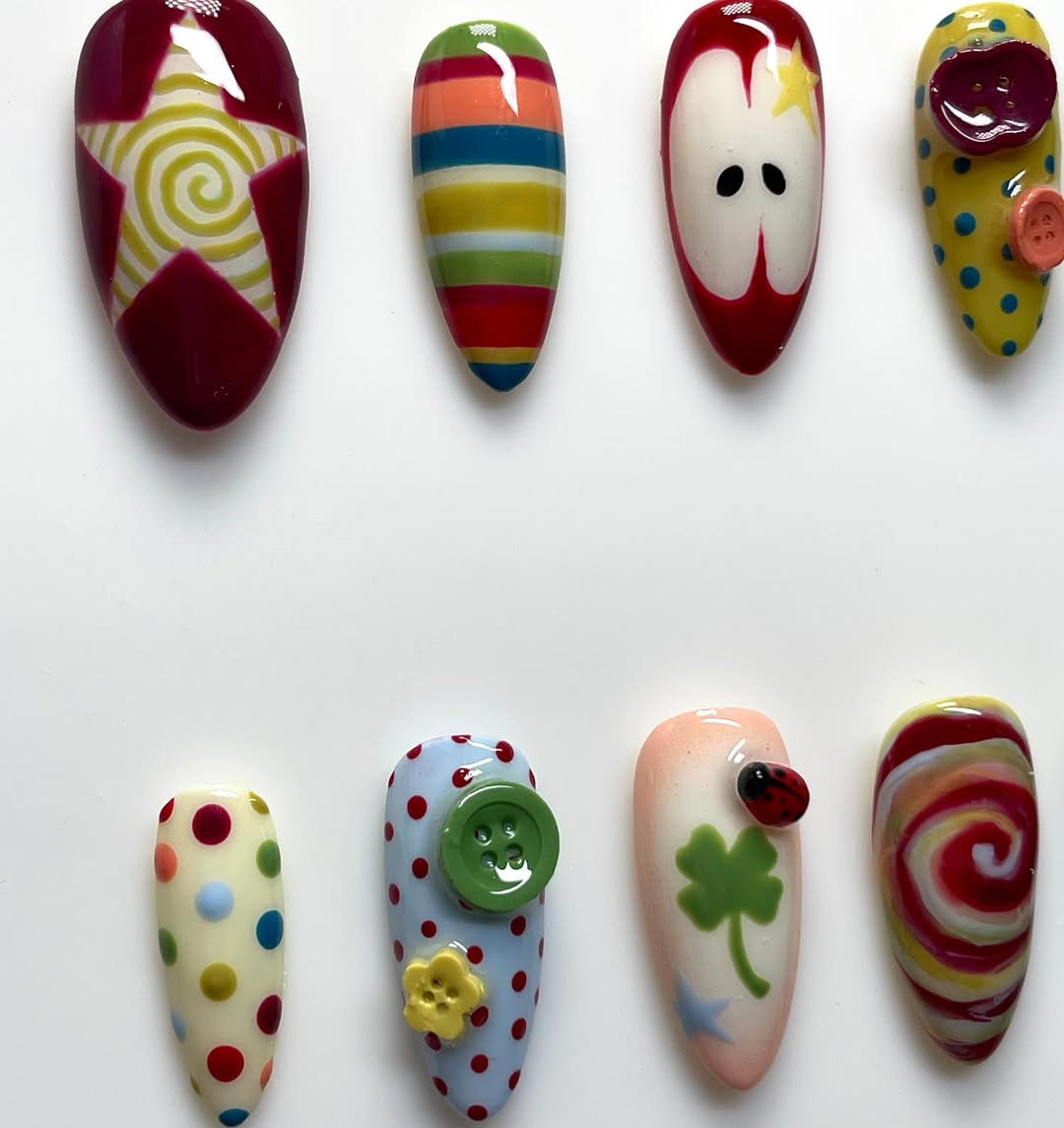 Colorful Whimsical Garden 3D Button Star Handmade Press On Nails