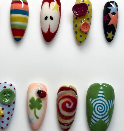 Colorful Whimsical Garden 3D Button Star Handmade Press On Nails
