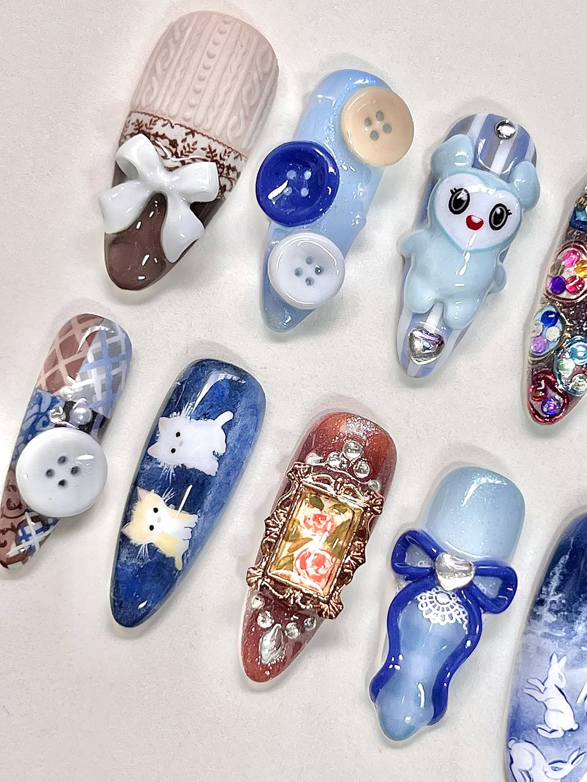 Blue Bunny Press On Nails Vintage Fairytale Bow Art Design Set