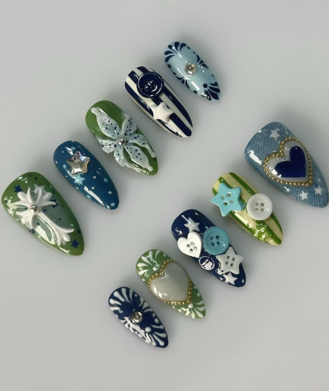 Blue Green Eclectic Mix Cross Hearts Stars Buttons Handmade Press On Nails