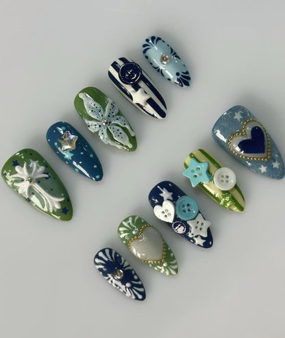 Blue Green Eclectic Mix Cross Hearts Stars Buttons Handmade Press On Nails