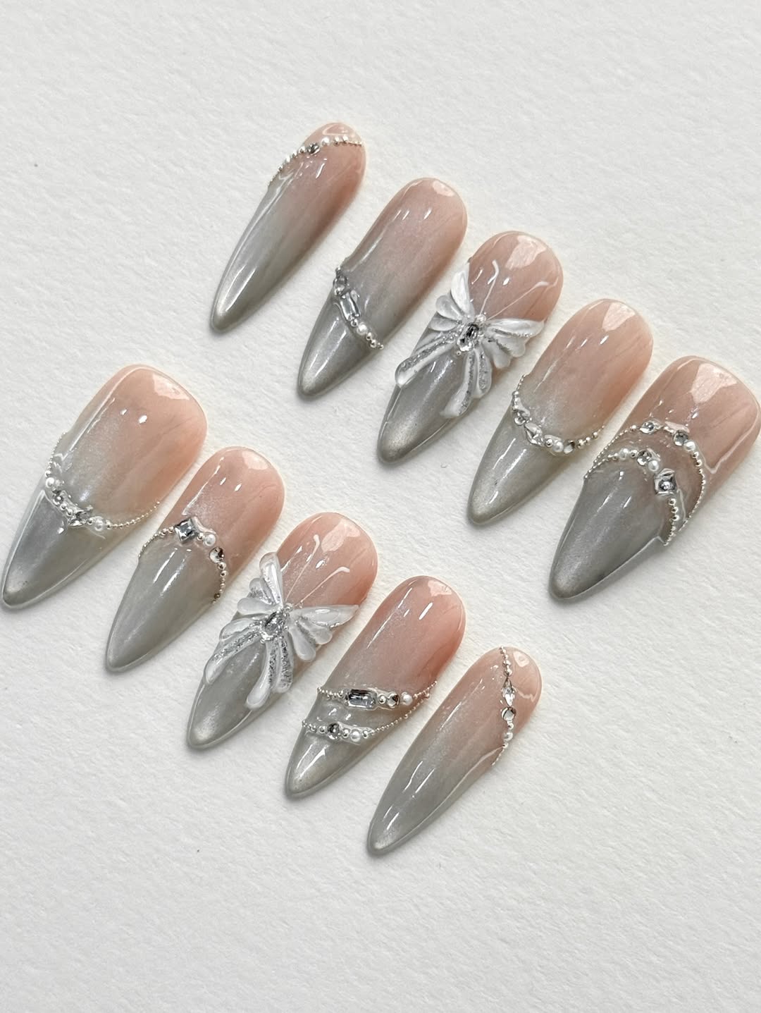 Nude Ombre Silver Jewelry Chain Rhinestone Stiletto Handmade Press On Nails