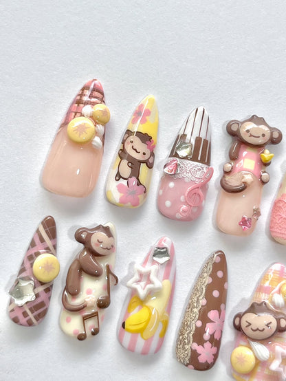 Kawaii Monkey Press On Nails Sweet Dessert Cartoon Charm Art Set